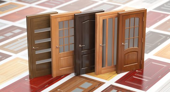 Different wooden doors on catalog with samples. Interior design and construction concept. 3d illustration